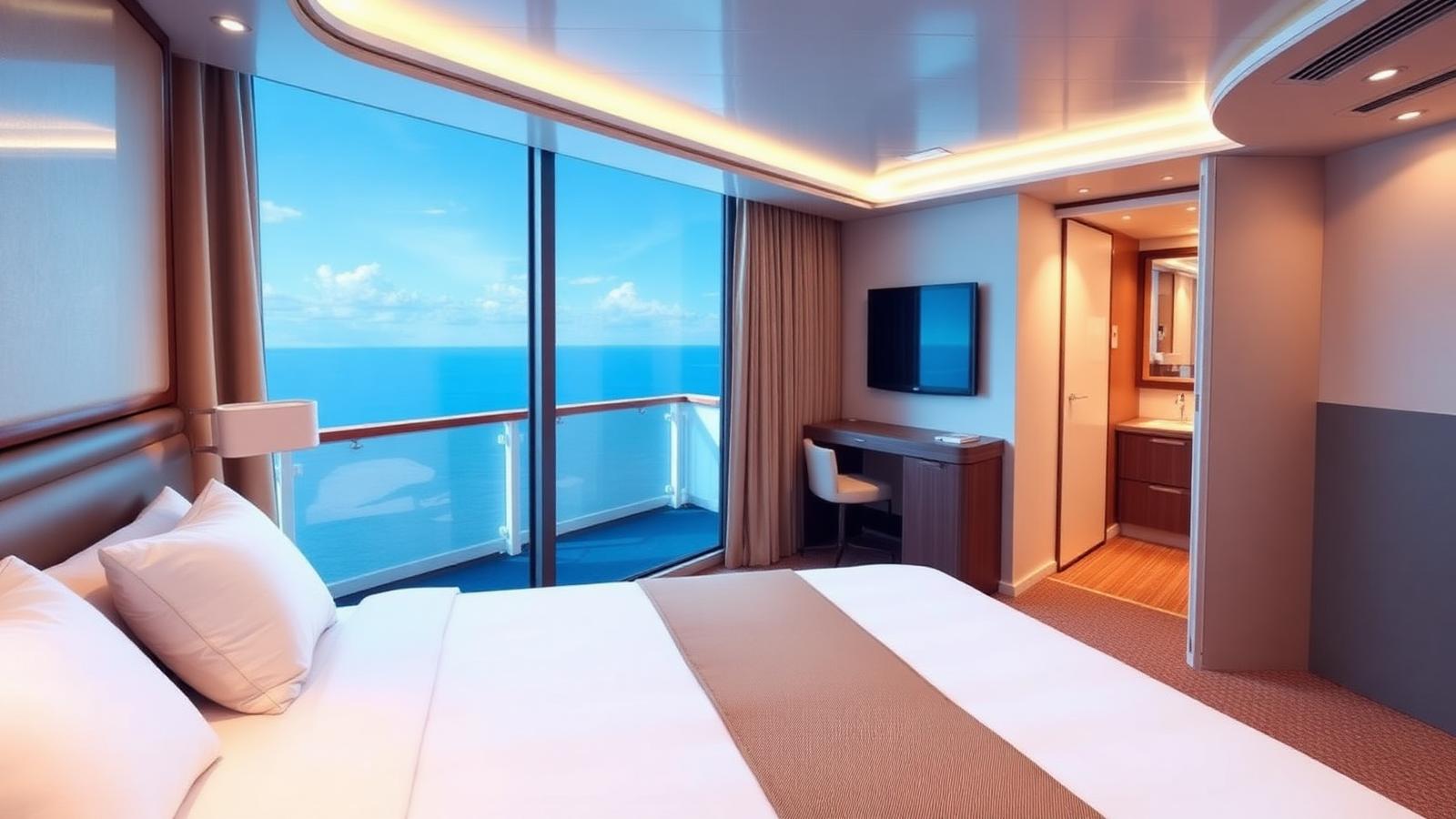 Cabine de croisière moderne avec balcon et vue sur la mer