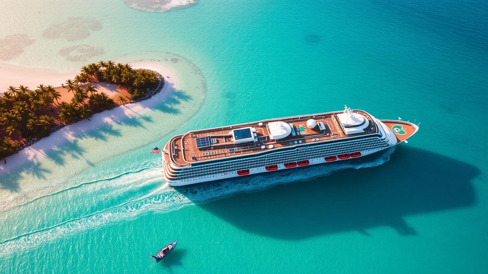 Vue aérienne d'un paquebot de croisière dans un port tropical