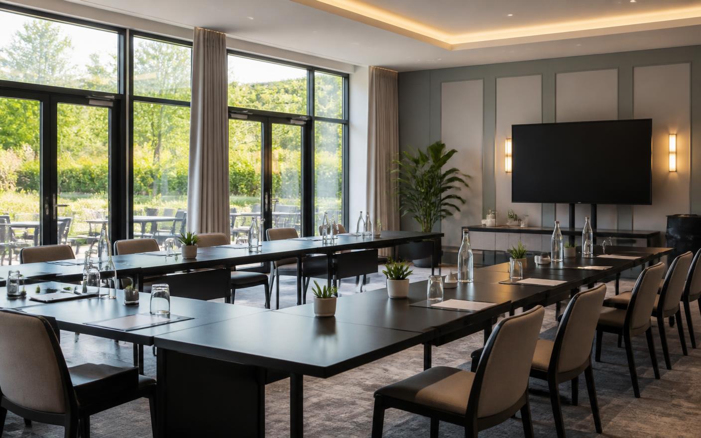 Salle lumineuse aménagée pour un séminaire d’entreprise
