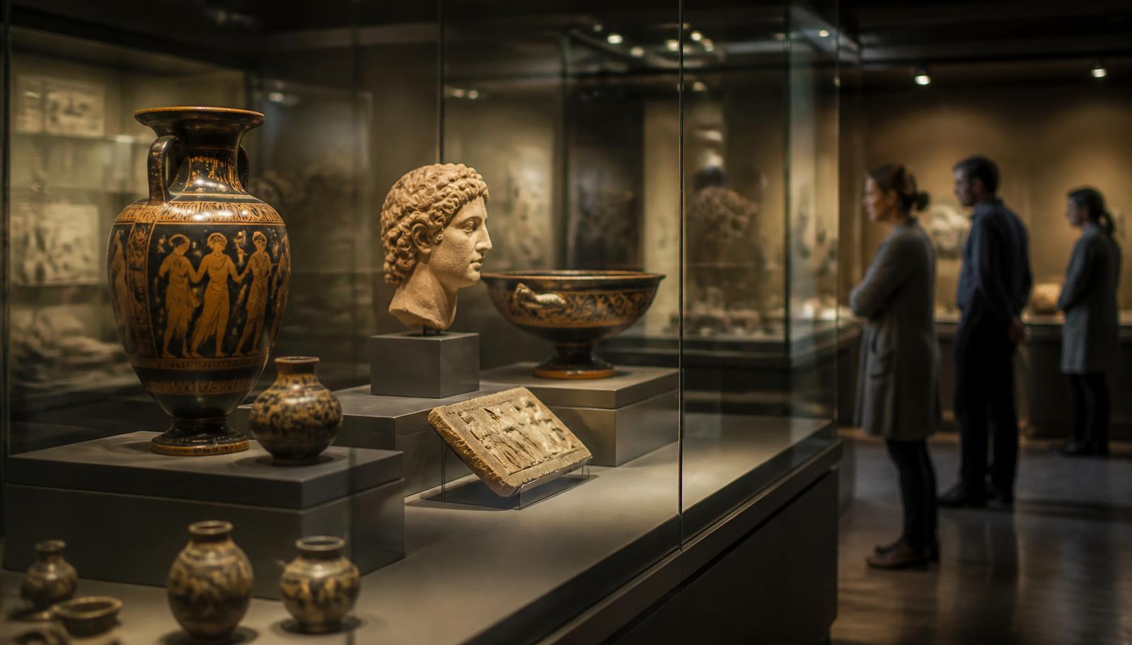 Vitrine de musée présentant des artefacts anciens devant des visiteurs